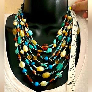 Vintage Multi-Length Blue/Brown Hand-Beaded Necklace